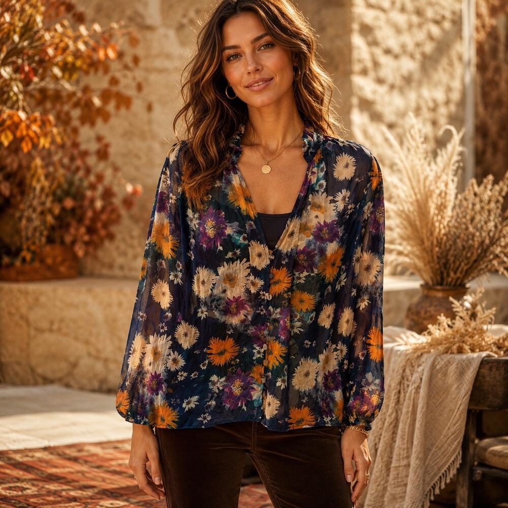 Boho Romantic Dark Navy Floral Anthropologie Sheer Ruffle Button Blouse XS